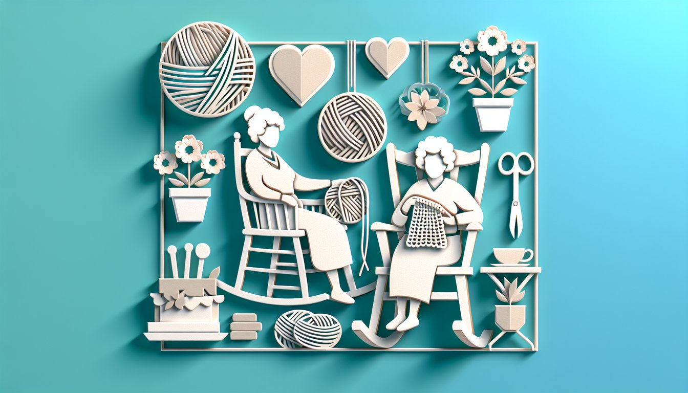 Paper art style grandmother with knitting needles and cookies, quiz title text on teal background