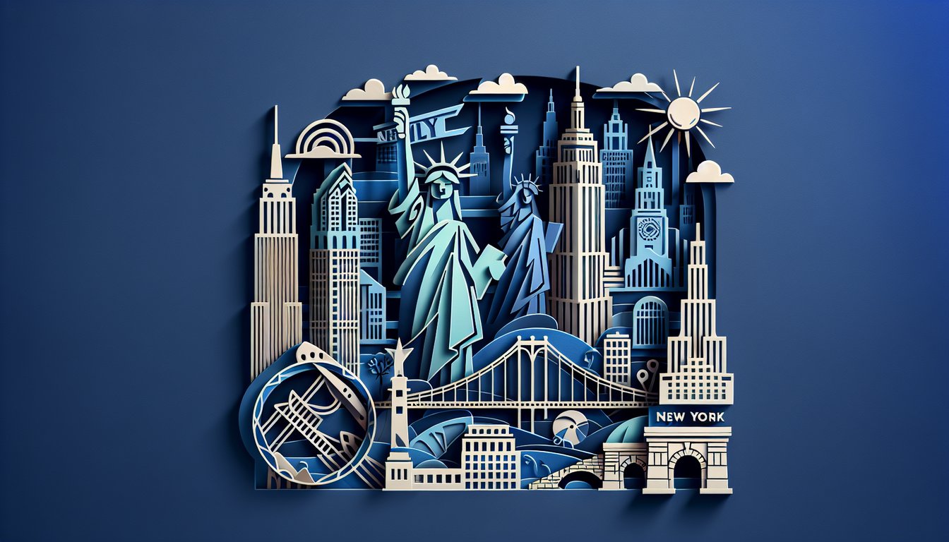 Paper art illustration for New York trivia quiz featuring famous NYC landmarks on dark blue background
