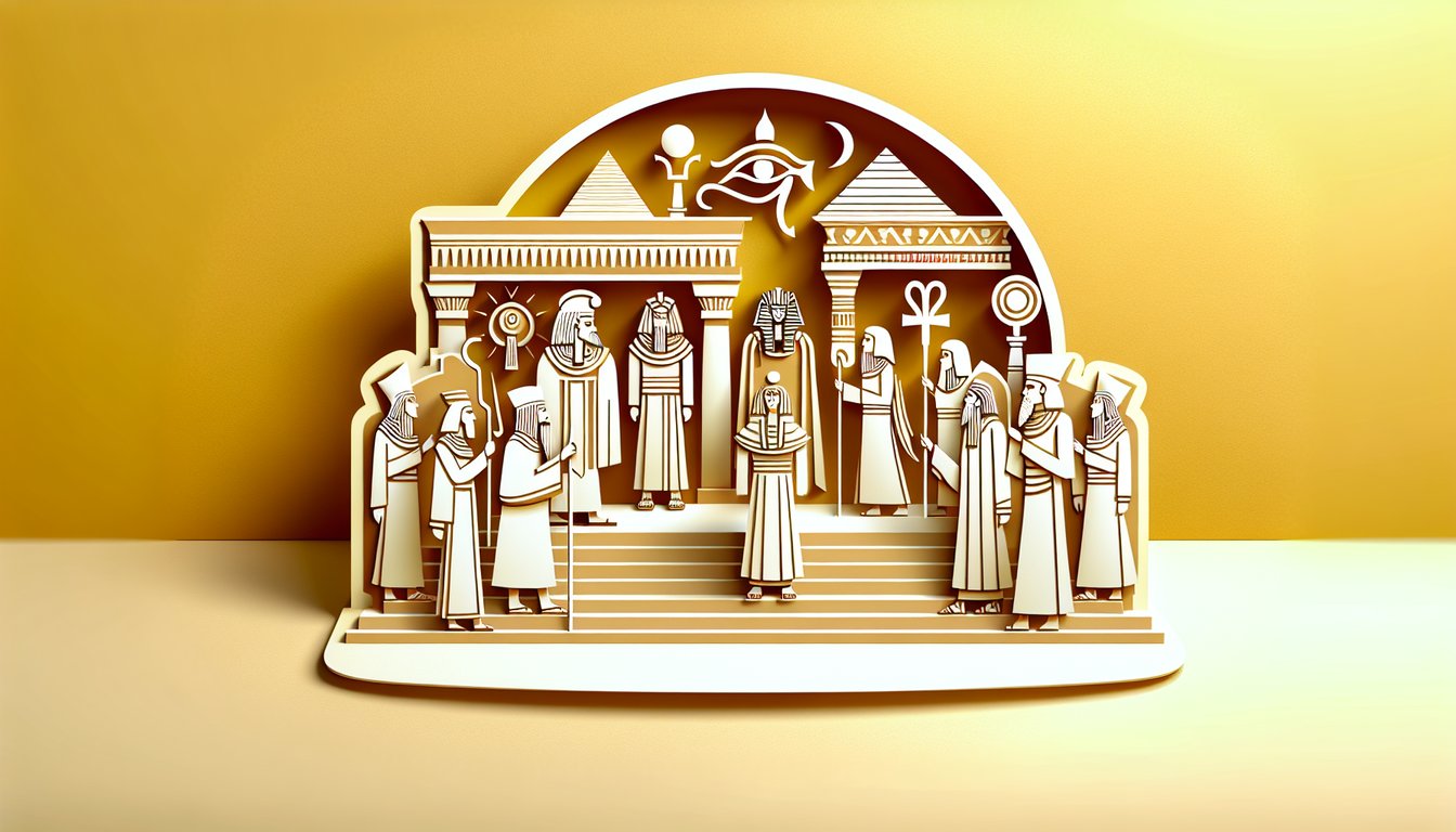 Paper art illustration of ancient temple scroll and divine symbols for theocracy quiz on golden yellow background