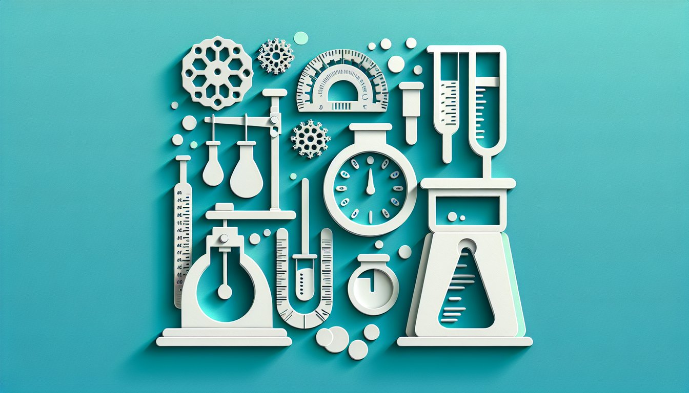 Paper art illustration metric conversion quiz with test tubes and droplets ml to ul prompts on teal background