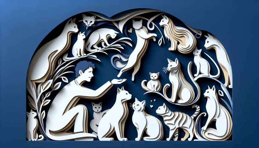 Paper art illustration of playful cat and person forming heart shape on dark blue background quiz invite to test feline bond