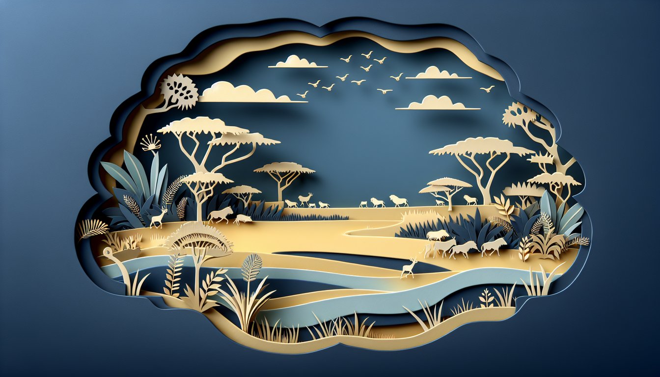 Paper art illustration showing Lion King II characters in stylized poses on dark blue background