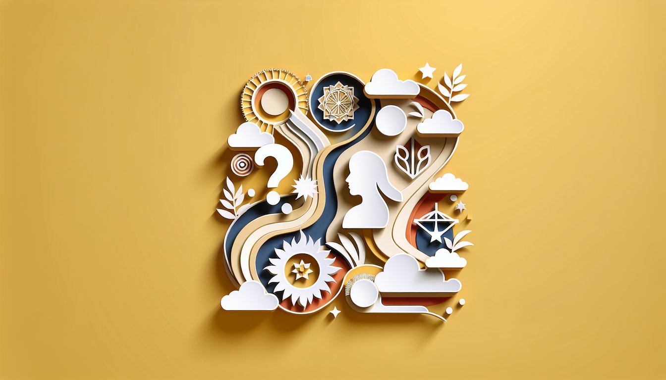 paper art question marks and B A P letters radiate on golden yellow background for destiny personality quiz
