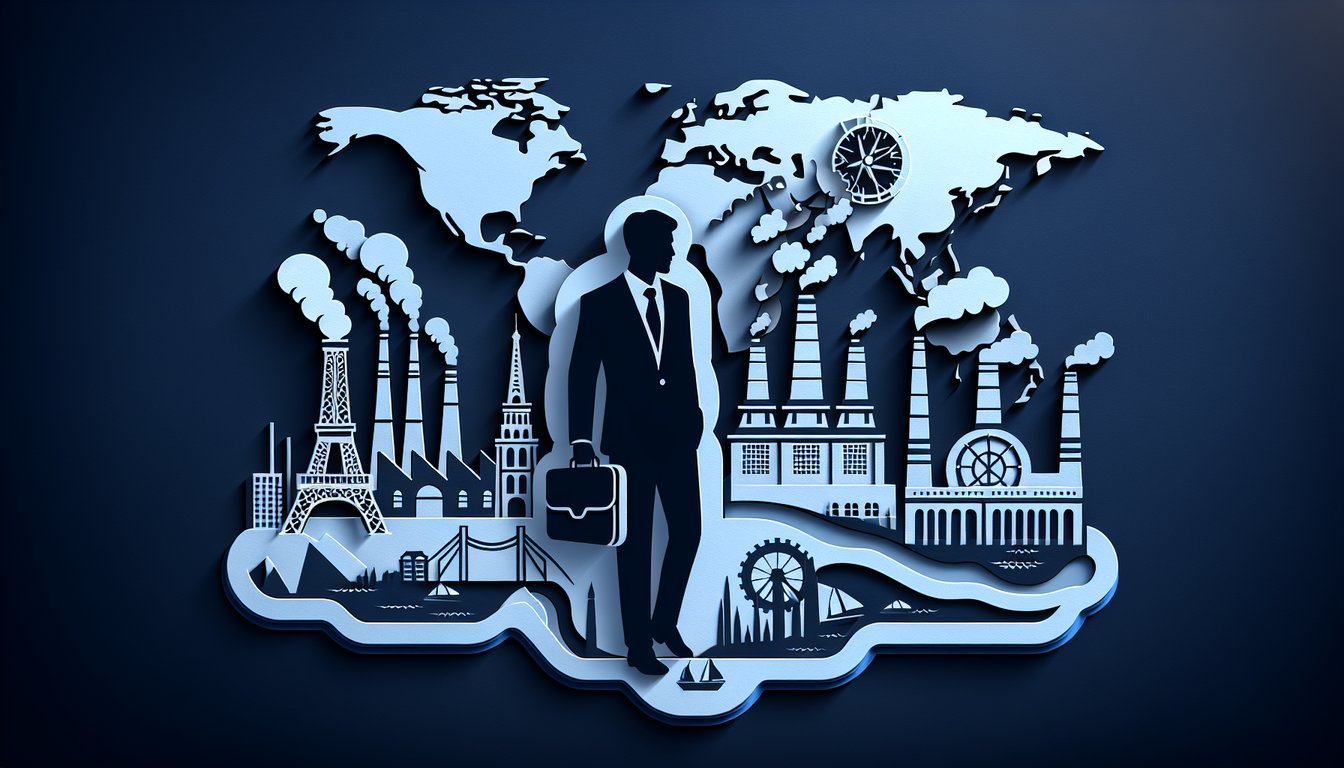 Paper art illustration of maps clocks and historical figures for modern history trivia quiz on dark blue background