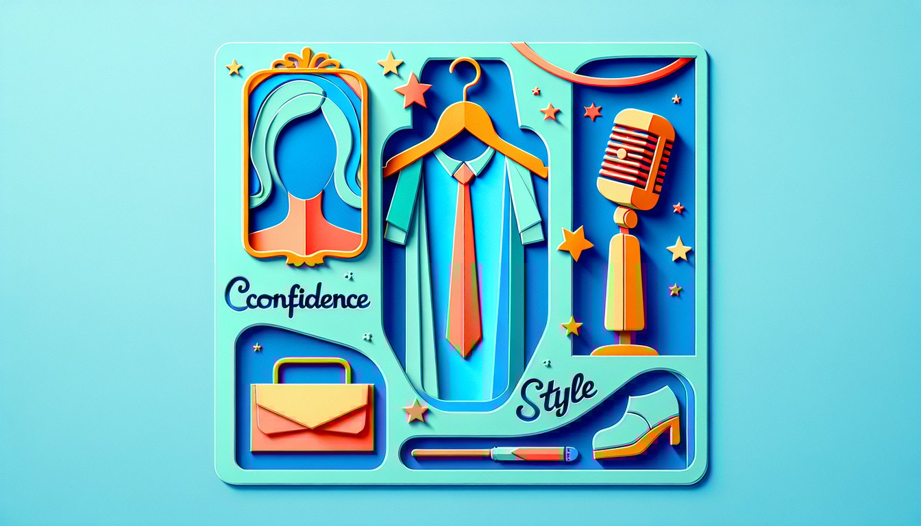 Paper art illustration for personality quiz bold typography playful icons for confidence humor style on sky blue background