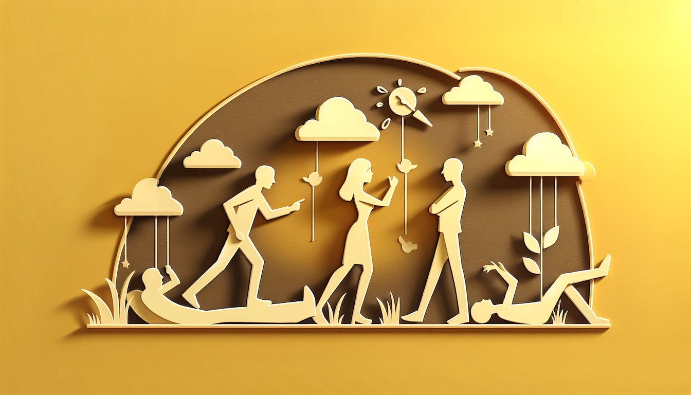 Paper cut art of friends whispering questioning trust on golden yellow background for honesty quiz