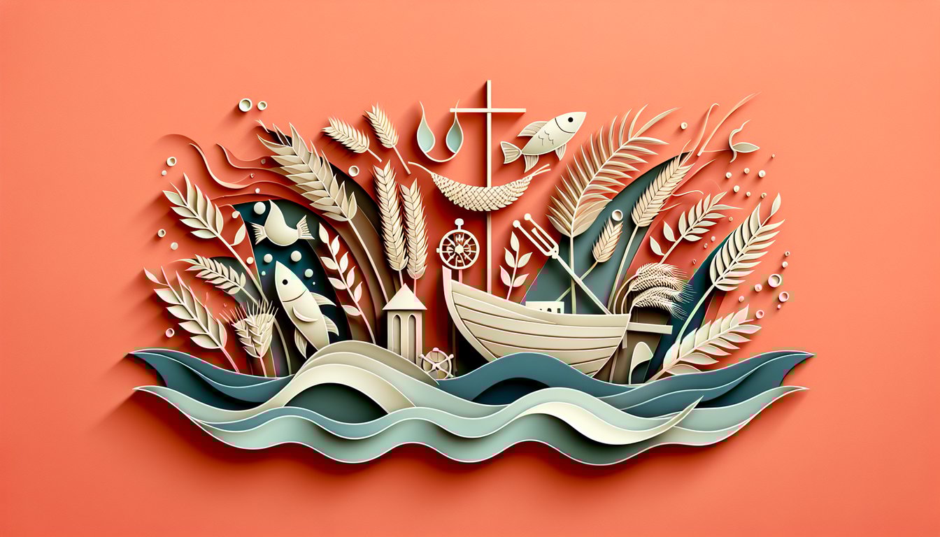 Coral background with paper art showing open Bible pages, question marks quiz for Gospel of Mark chapters six to seven