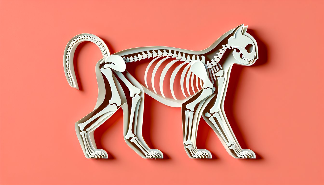 Paper art cat skeleton displaying forelimb and hindlimb bones for a cat appendicular skeleton quiz on coral background
