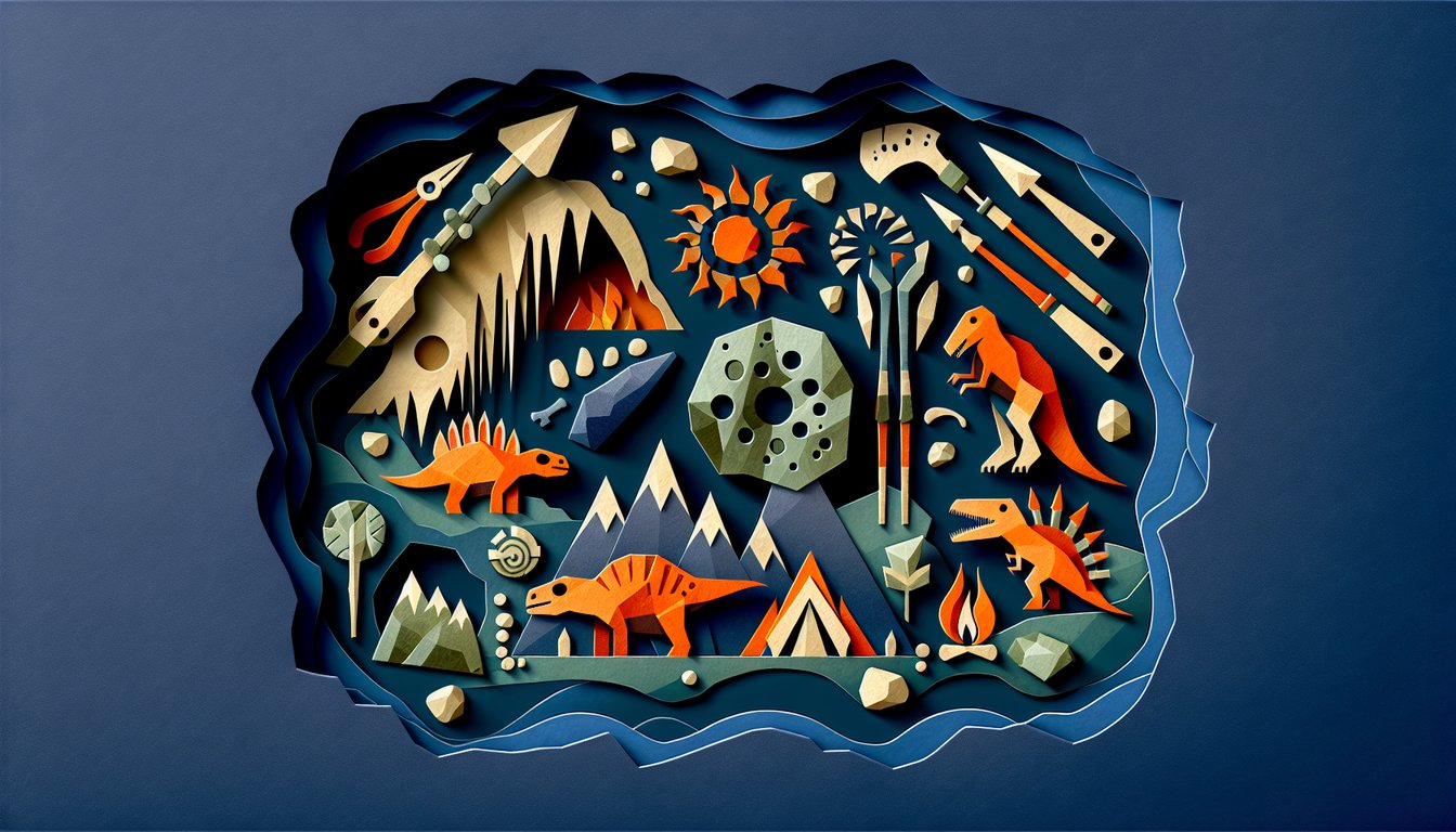 Colorful paper art illustrating prehistoric elements for a knowledge quiz