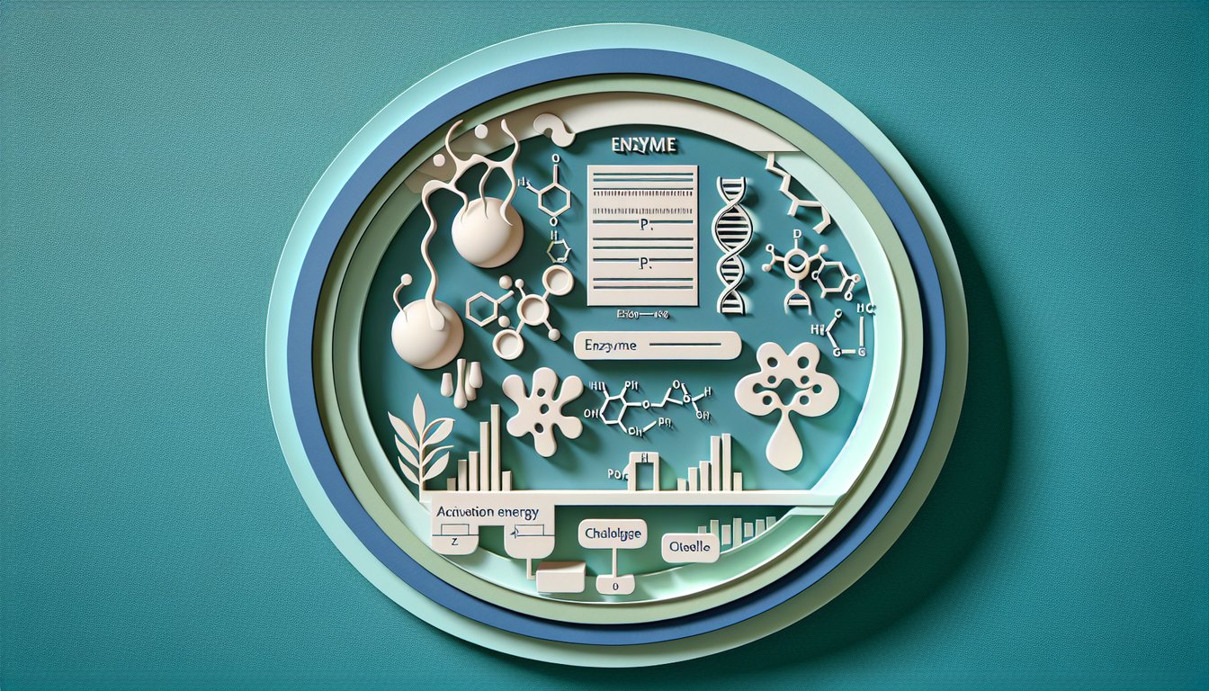Paper art style enzymes and substrates on teal background with quiz title on activation energy PH and cell reactions
