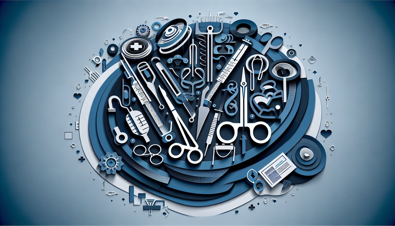 Paper art quiz scene with surgical tools and call to try free CRCST practice quiz Part II on dark blue background.