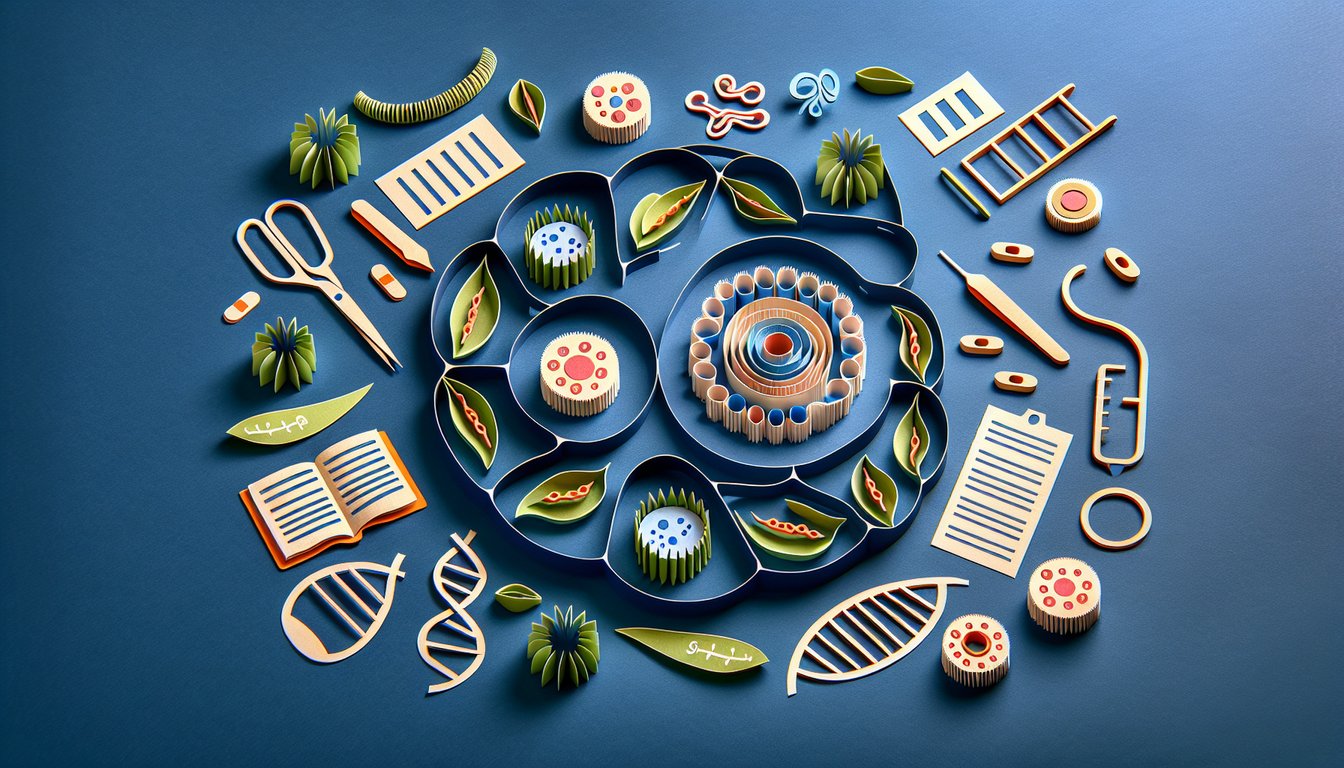 Colorful paper art promoting Cell Cycle Showdown, an interactive biology quiz for high school students.
