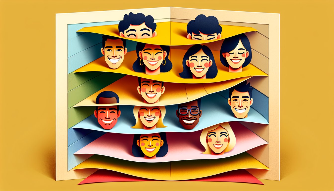 Paper art envelope with smiling lips eyes and abstract shapes on golden yellow background for a smile quiz