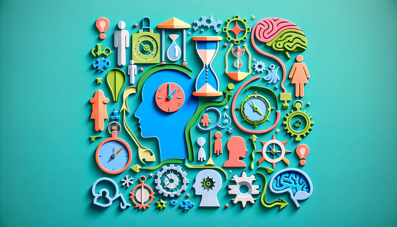 Paper art illustration featuring a person gazing at future self icons and charts on a teal background