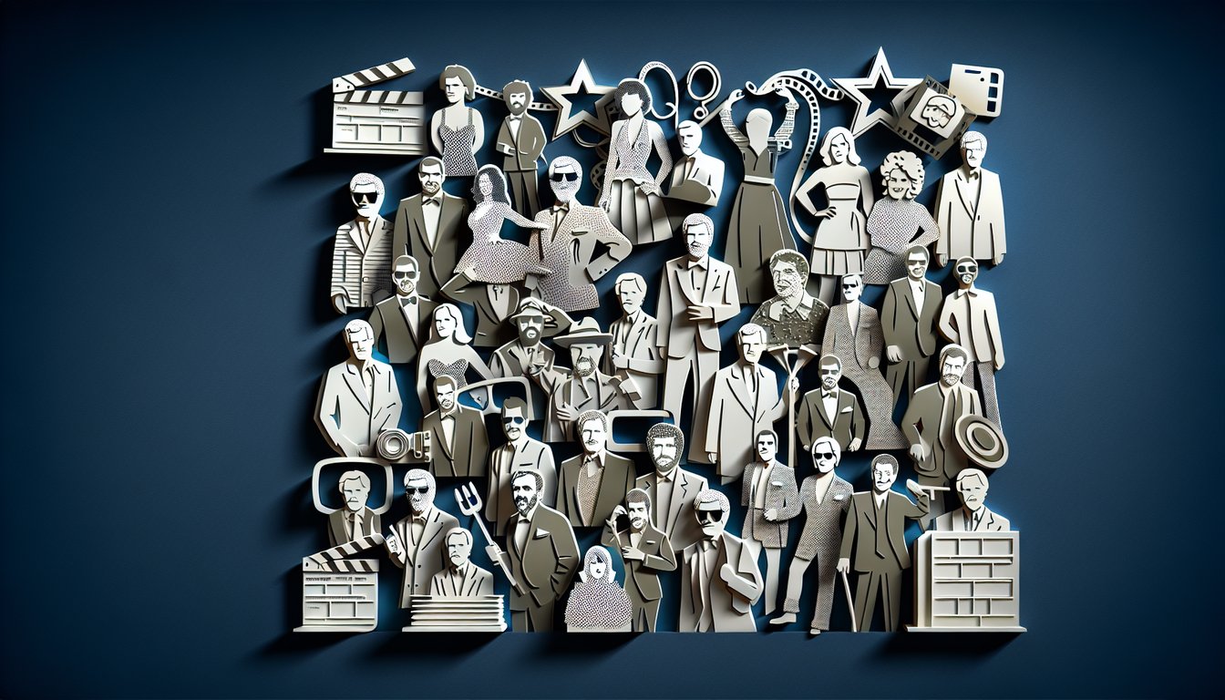 Paper cut style illustration of Paris Hilton silhouette cat hat cameo fashion icons on dark blue background
