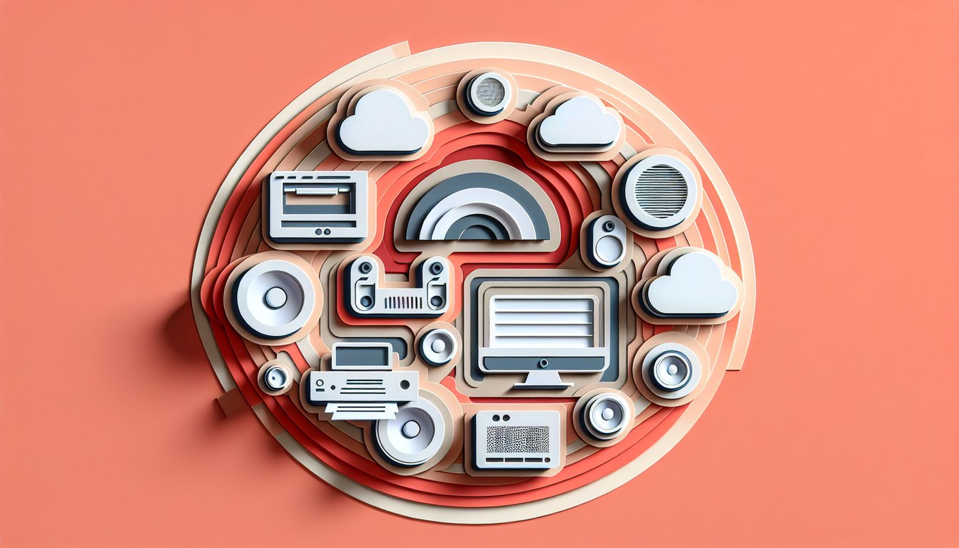 Paper art illustration of monitor printer speaker icons on coral background promoting free output devices quiz