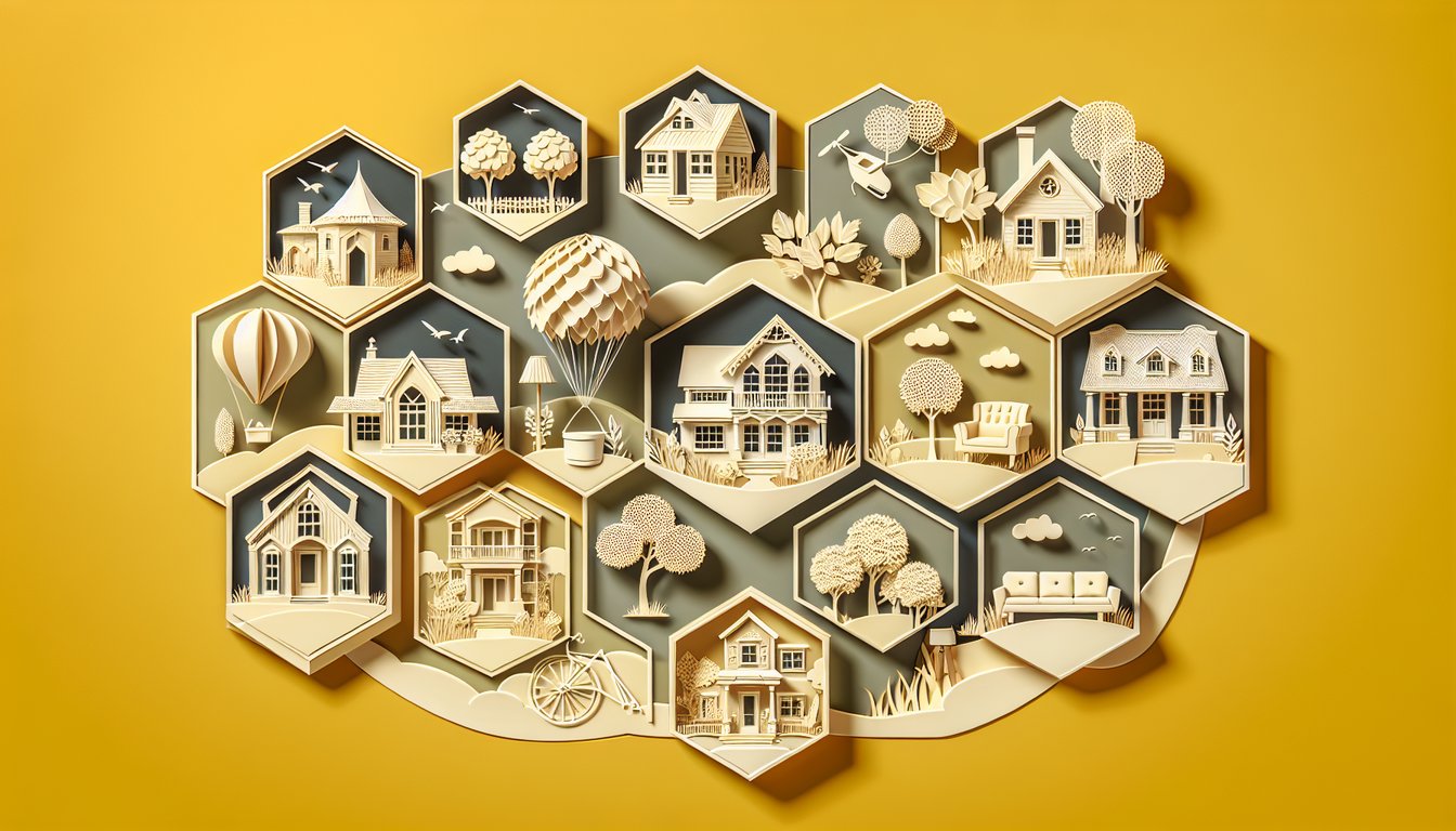 Paper art of house silhouettes and decor pieces on golden yellow background for a home style personality quiz