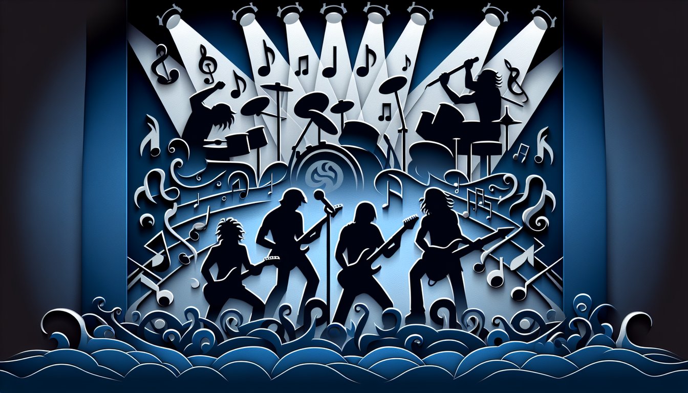 Paper art illustration for Metallica fandom quiz on dark blue background
