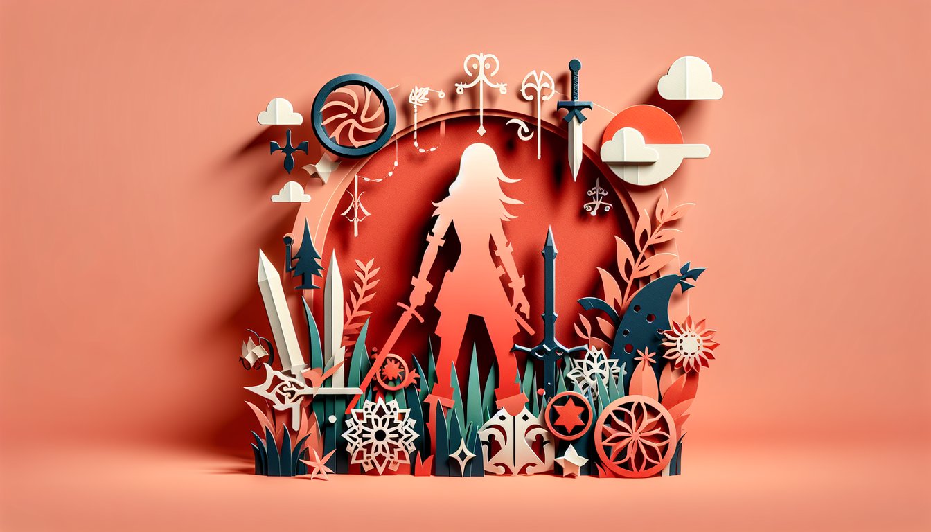 Paper cutout illustration of a stylized Final Fantasy heroine on coral background for style personality quiz