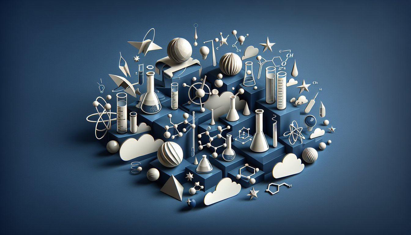 Paper cut style chemistry quiz banner with molecules lab glassware question marks on dark blue backdrop