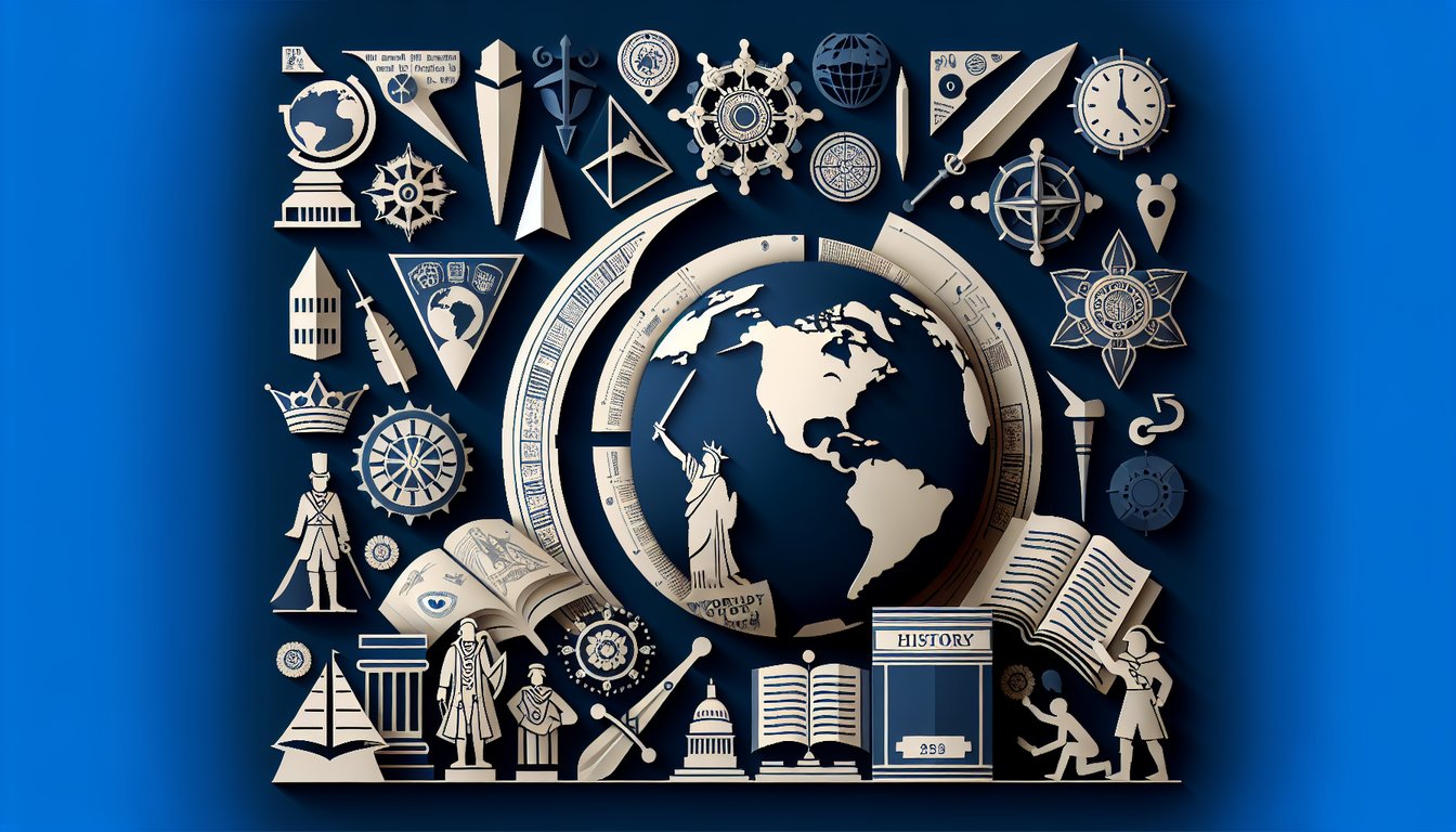 Colorful paper art promoting World History Quest quiz for high school students.