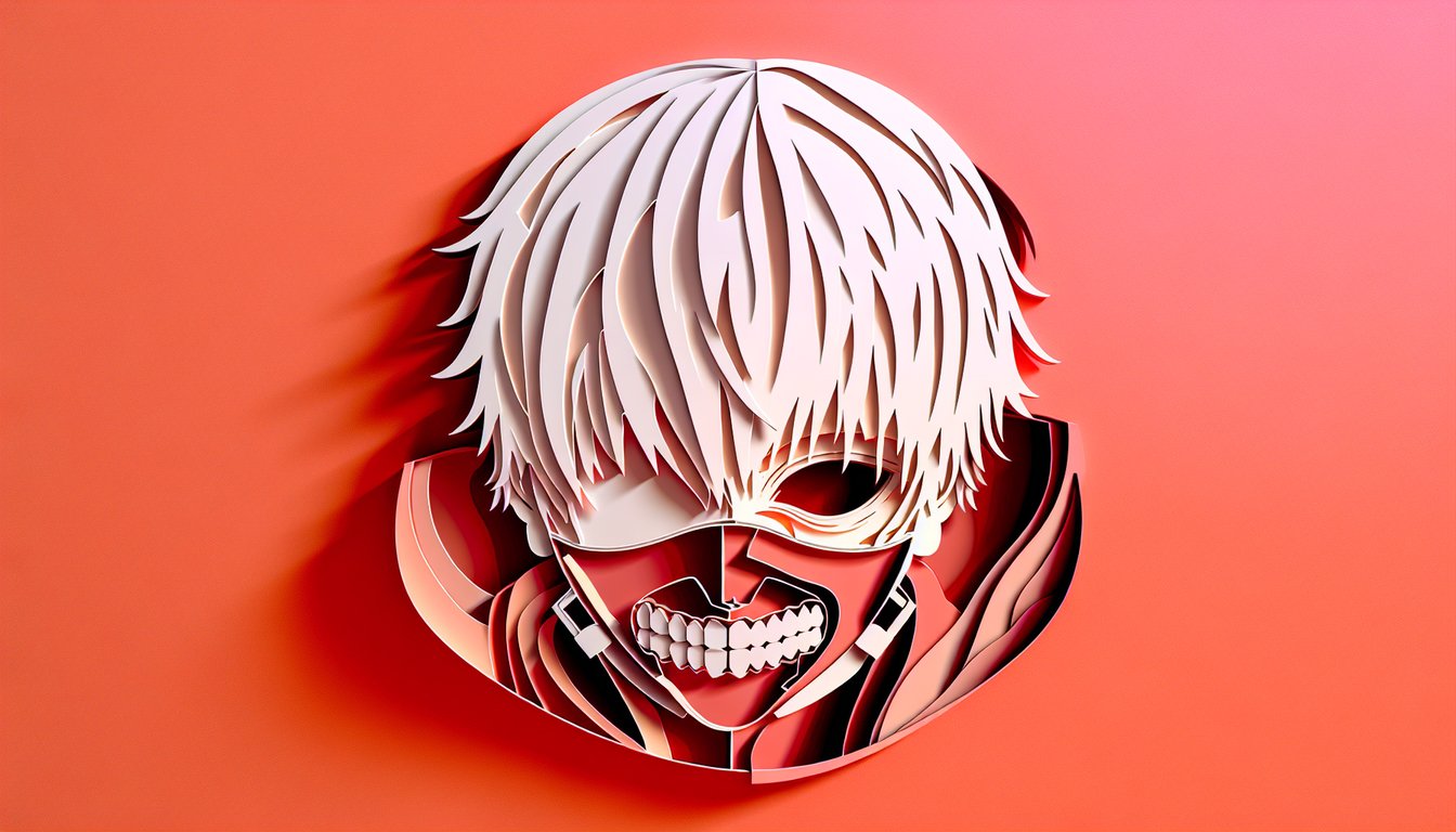 Tokyo Ghoul themed personality quiz paper art illustration on a coral background
