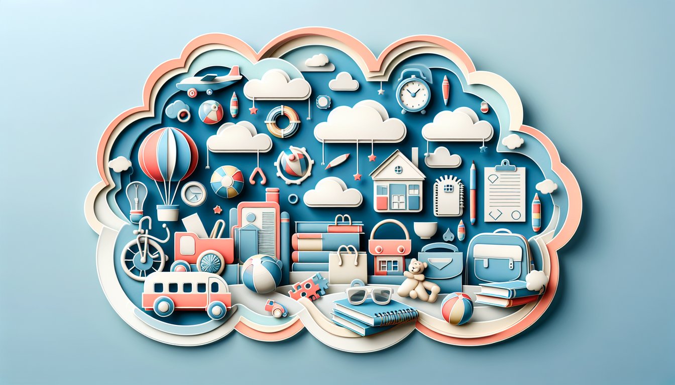 Paper cut style illustration of kids holding quiz cards and age numbers with confetti on sky blue background