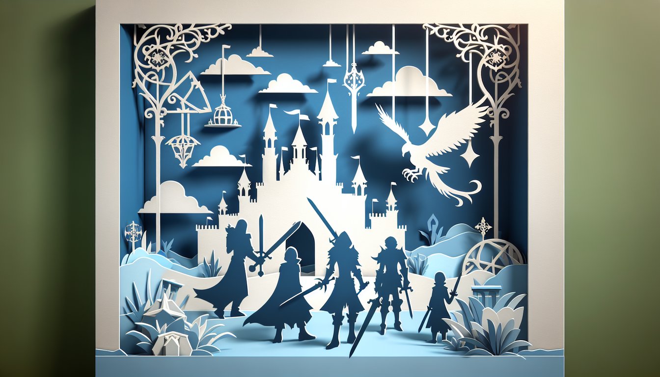 Paper art illustration of Sword Art Online quiz banner with main characters and quiz elements on sky blue background