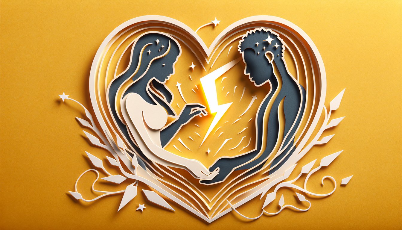 Paper art illustration for a personality quiz about husbands attraction on a golden yellow background