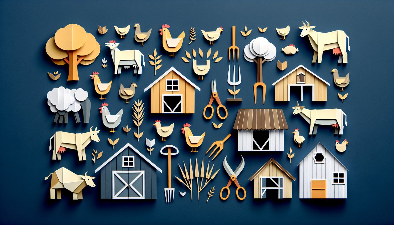 Colorful paper art featuring farm animals and quiz elements for Animal Husbandry Knowledge Quiz.