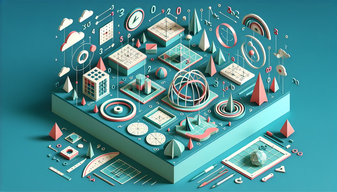 Paper-cut style illustration of geometry quiz with distance formula symbols, points, line and pencil on teal background.