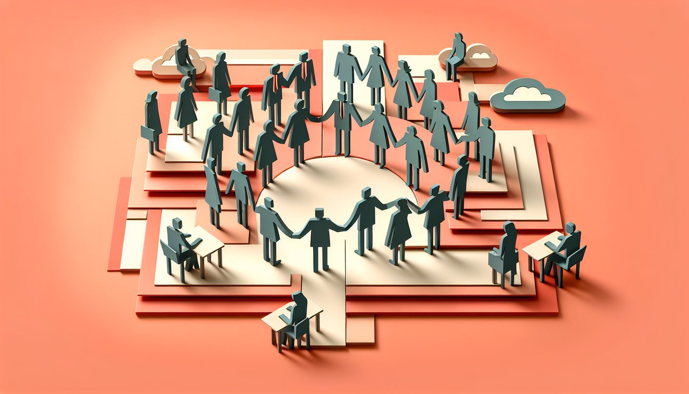 Paper cut illustration of people assembling puzzle pieces and charts on coral background for conflict management quiz