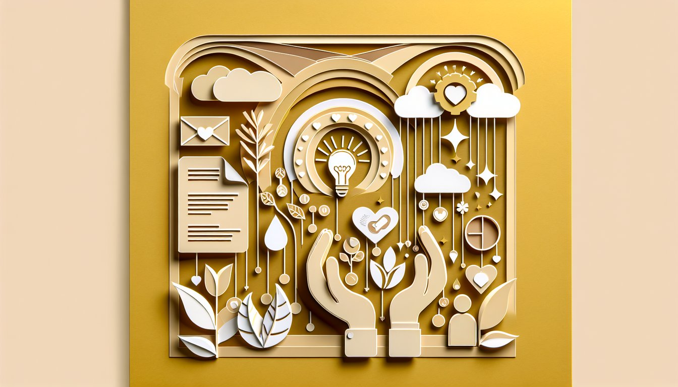 Paper art illustration of diverse faces connected by hearts and lines on a golden yellow background for an empathy quiz