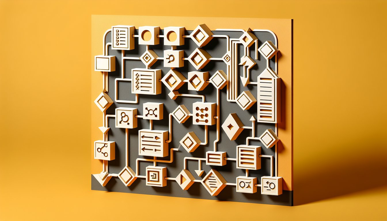 paper art flowchart with cutout symbols arrows and shapes on golden yellow background
