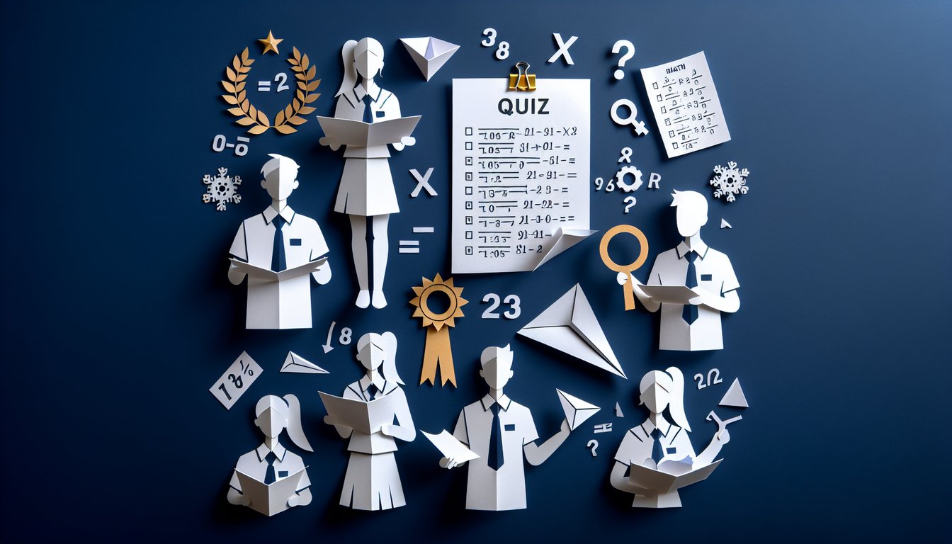 Colorful paper art promoting a Math 1 EOC Mastery trivia quiz for high school students.