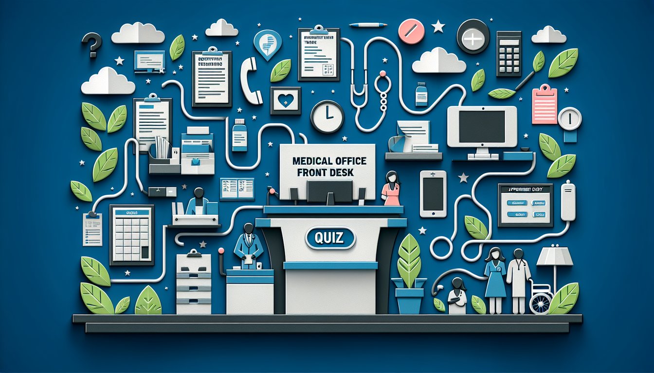 Colorful paper art illustrating a Medical Office Front Desk Training Quiz