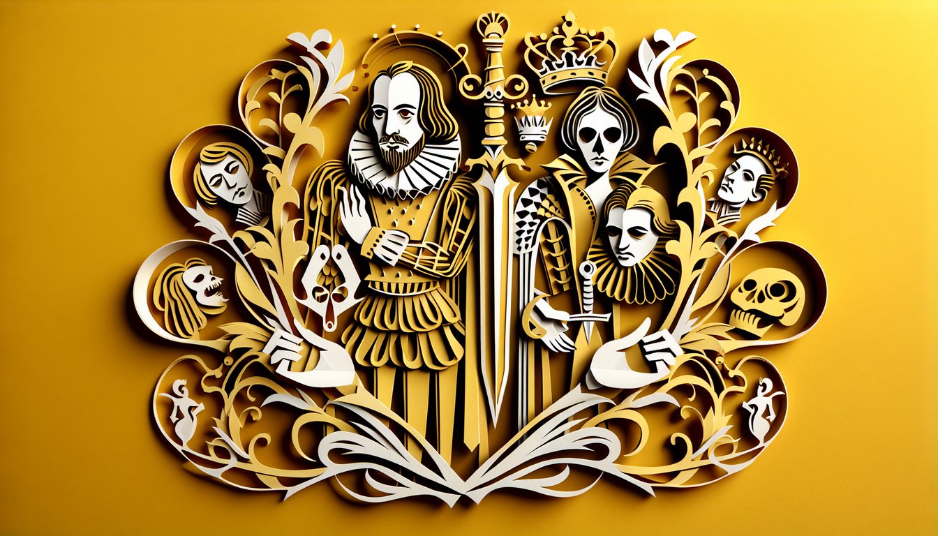 paper art illustration of silhouettes of Hamlet and Lady Macbeth with skull quill and parchment on golden yellow background