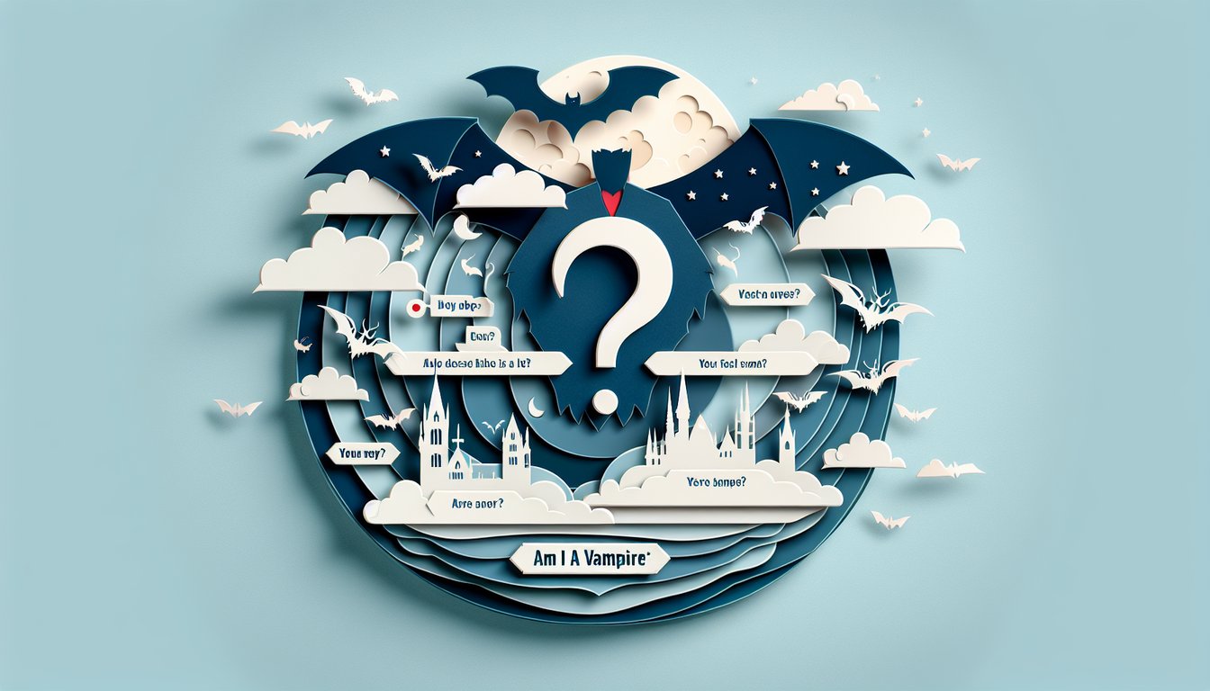 Paper art illustration for vampire quiz on a sky blue background