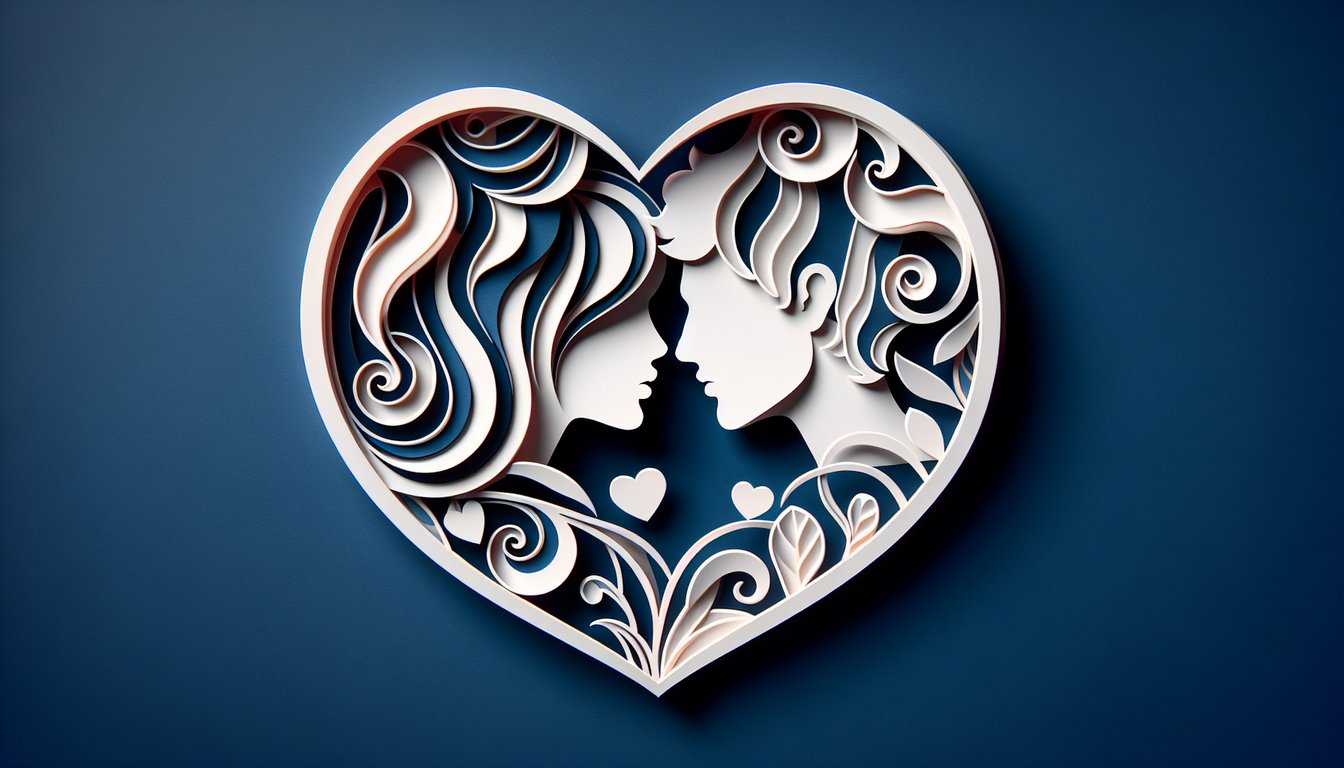 paper art hearts split between gentle love heart and fiery passion flame icons on dark blue background for love lust quiz