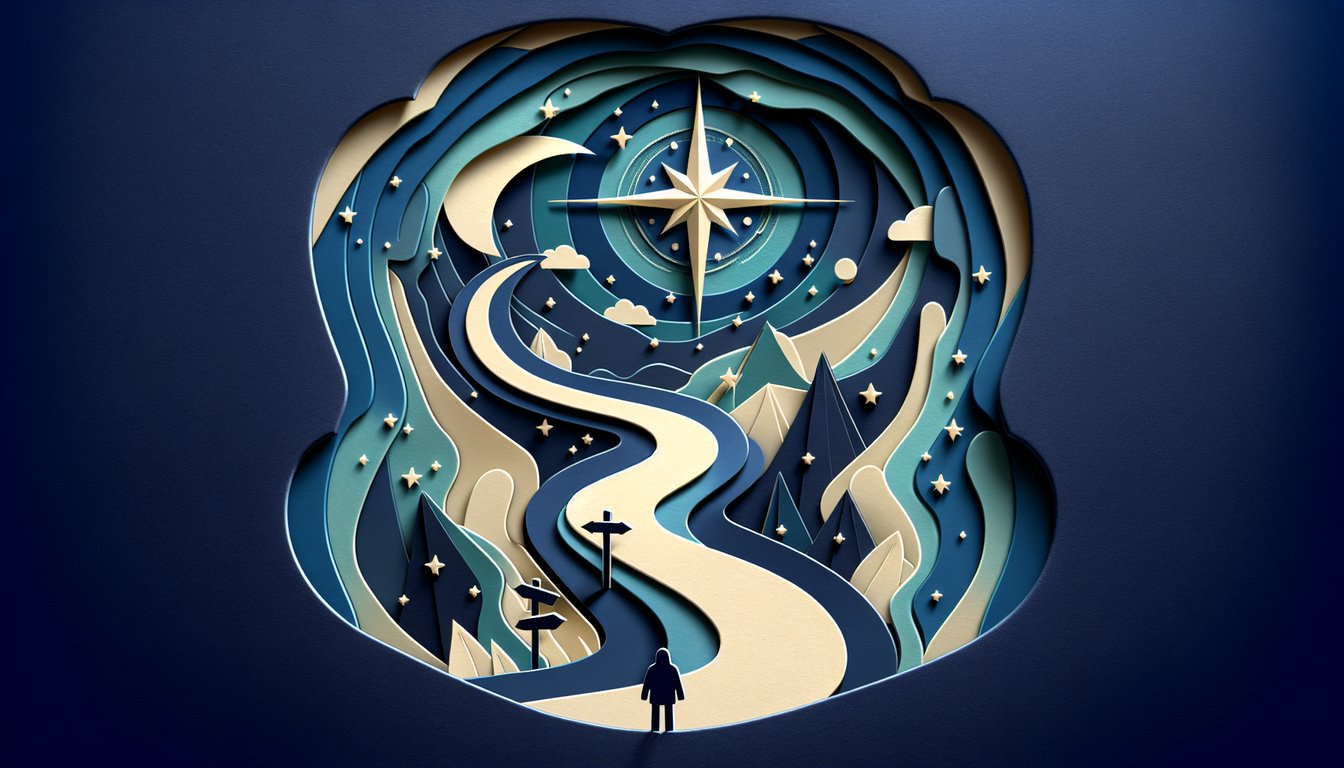 Paper art illustration for greatness destiny quiz on a dark blue background.