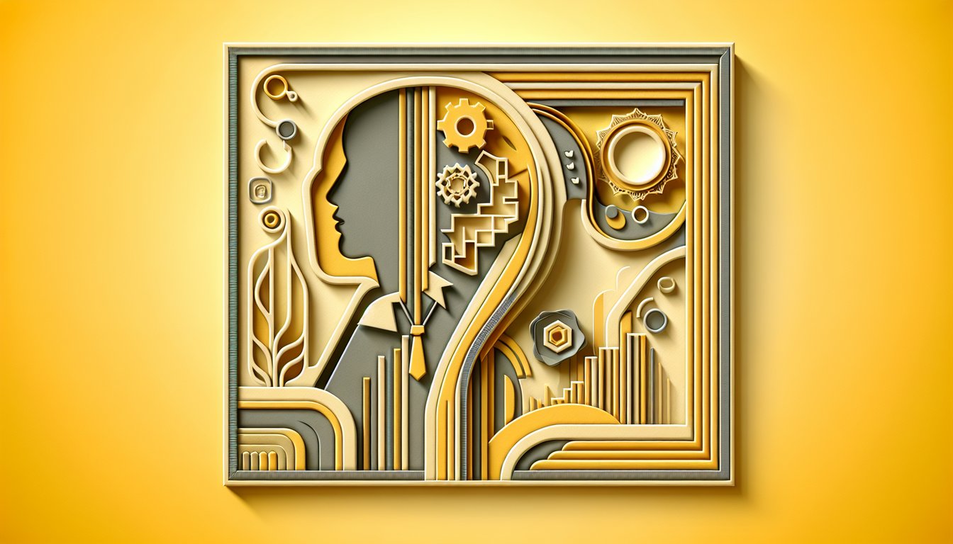 Paper art showing sales icons people silhouettes on golden yellow background for selling style quiz
