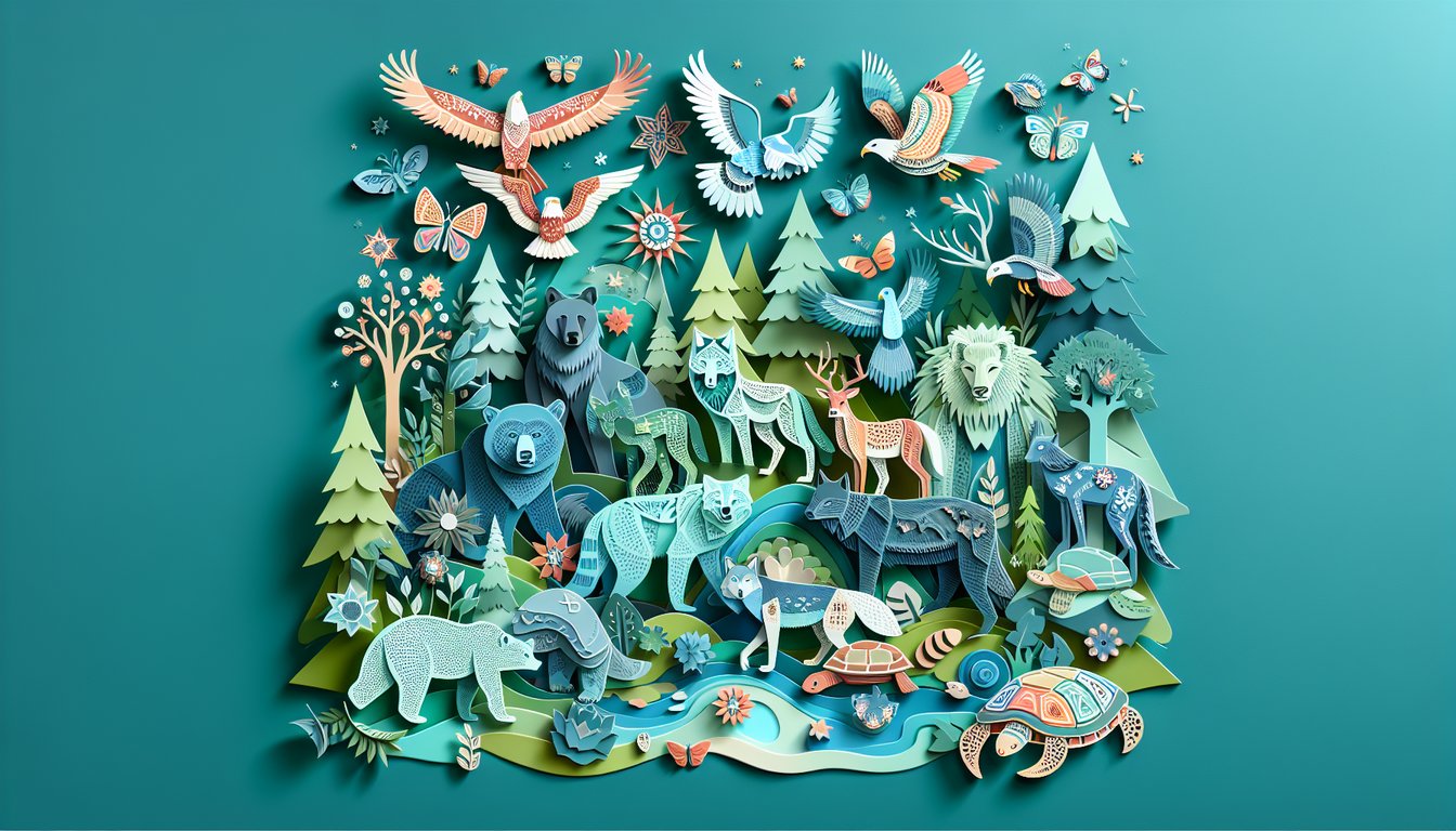 Paper art illustration for totem animal quiz on a teal background