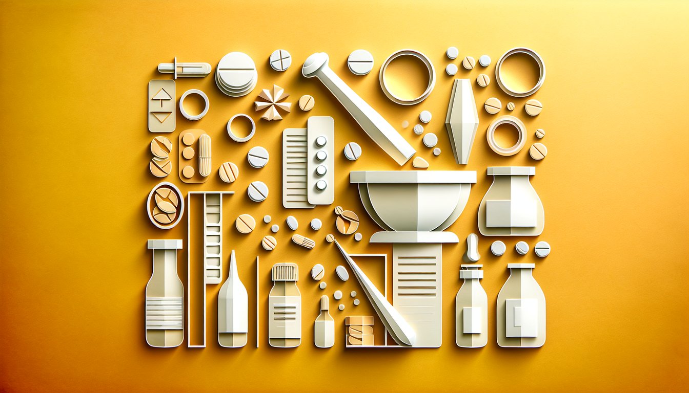 Paper art pharmacy quiz with pills, test tubes, mortar and pestle, question icons on golden yellow background