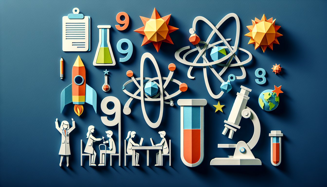 Paper art promoting 9th Grade Science Quest, a dynamic practice quiz for students.