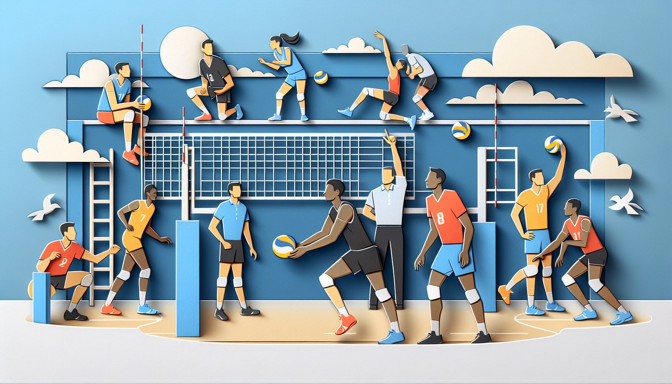 paper art volleyball quiz on sky blue background shows ball net referee whistle question mark icons