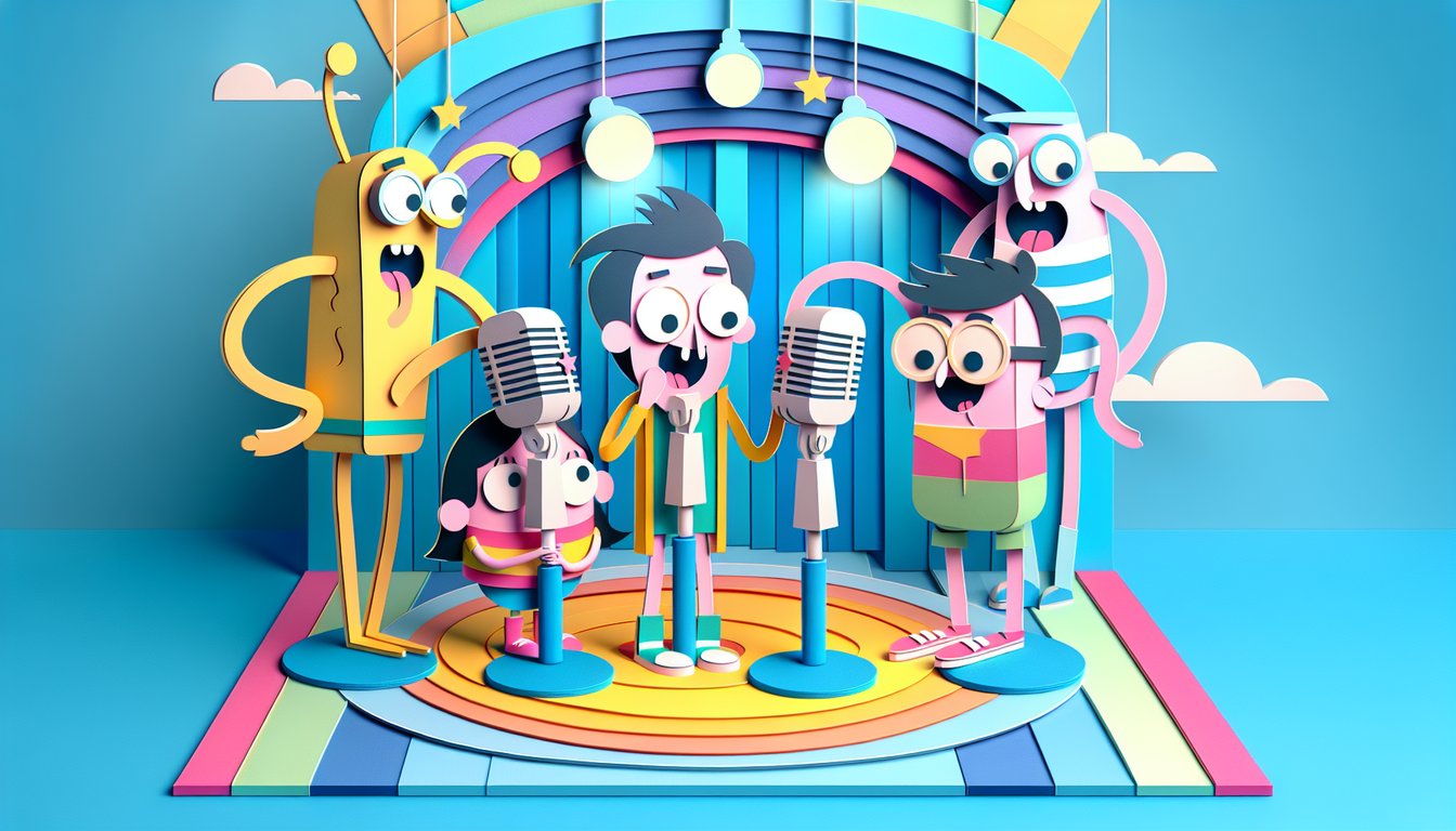 Colorful paper art wacky Yakkity Yak characters around quiz title on sky blue background