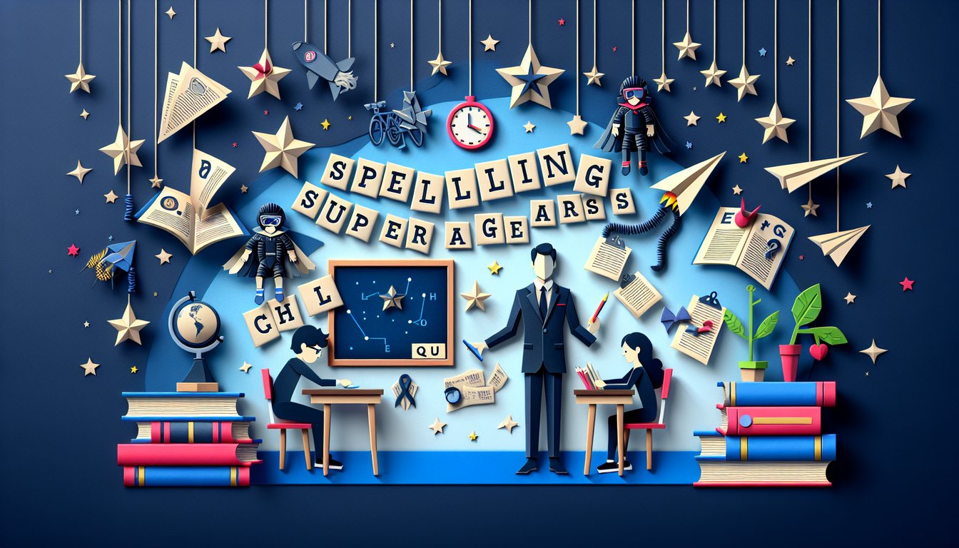 Colorful paper art promoting Spelling Superstars Challenge, a dynamic quiz for elementary students.