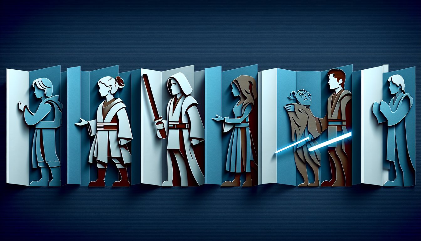 Paper art illustration of lightsabers and Jedi for Padawan Knight Master on dark blue background for Force alignment quiz
