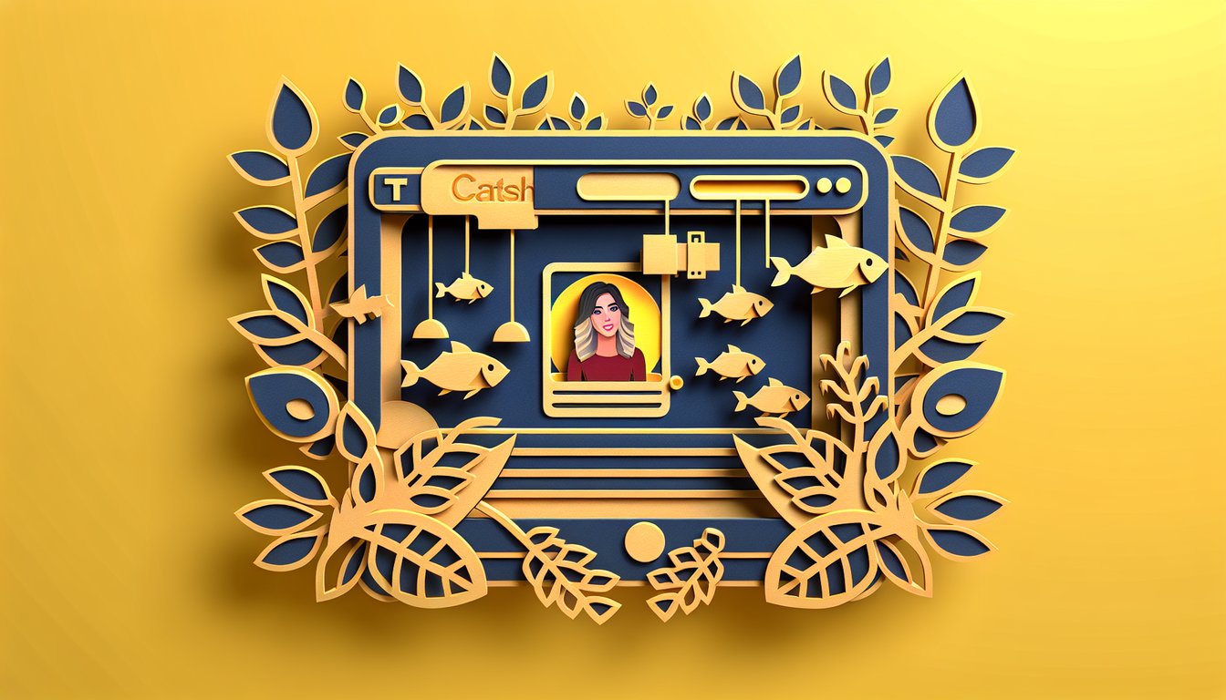 Paper art illustration of Andrea Russett Catfish quiz trivia cards and icons on golden yellow background.