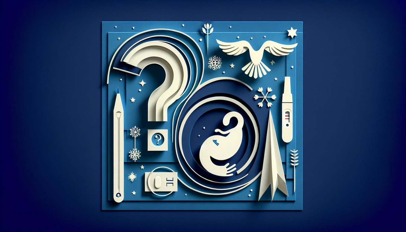 Paper cut style woman holding pregnancy test with hearts on dark blue background for free early pregnancy quiz